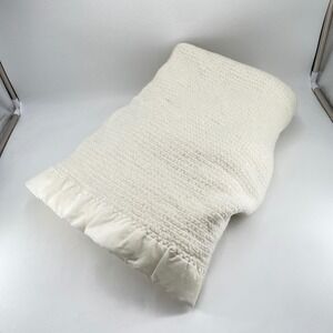 Vintage JCPenney Cream Thermal Waffle Knit Blanket Satin Ruffle Trim 48x84